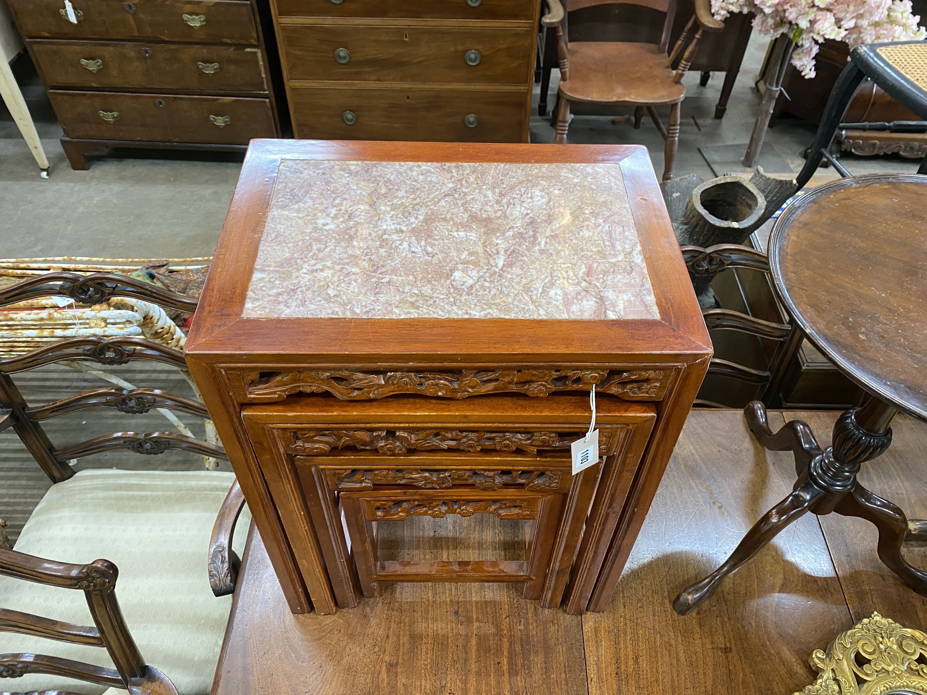 A quartetto of Chinese rectangular marble top hardwood tea tables, width 50cm, depth 35cm, height 65cm